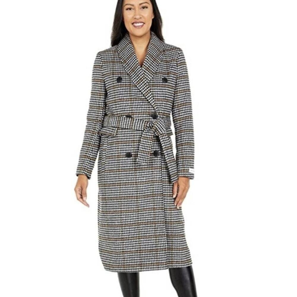 Calvin Klein Women's Double Breasted Belted Trench Coat Houndstooth Pattern
